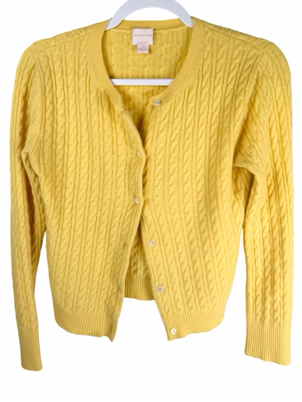 Central Park West 100% Cashmere Lemon Yellow Cable Knit Cardigan Sweater Medium